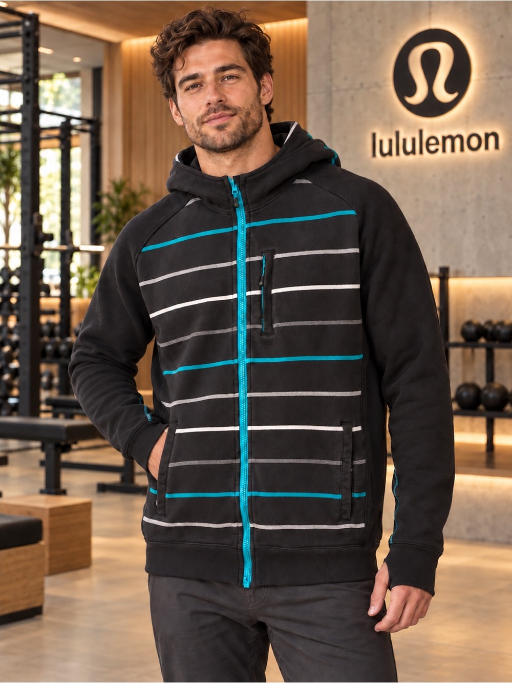 Lululemon Men’s XL Striped Full Zip Hoodie Black Teal Thumbholes